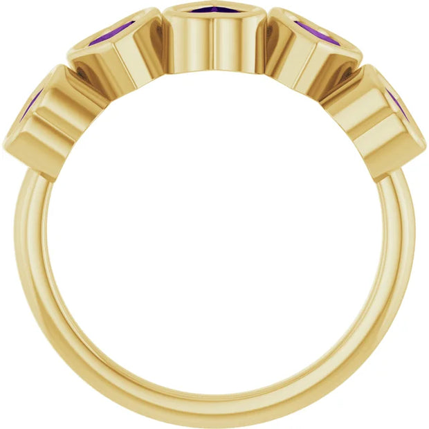 14K Gold Natural Amethyst Bezel Set Ring - 5 Stones