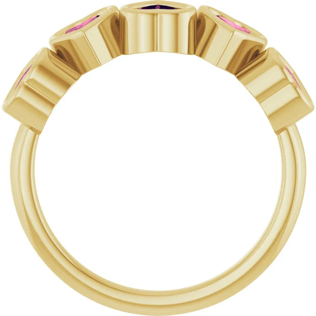 14K Gold Natural Pink Tourmaline Bezel Set Ring - 5 Stones