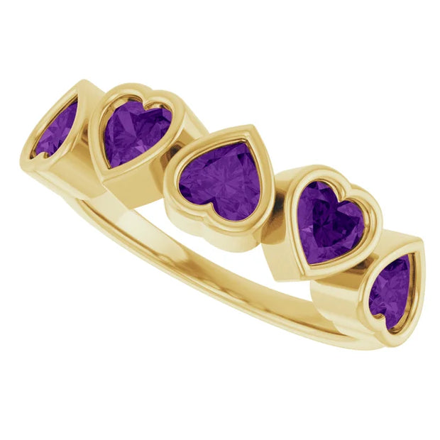 14K Gold Natural Amethyst Bezel Set Ring - 5 Stones