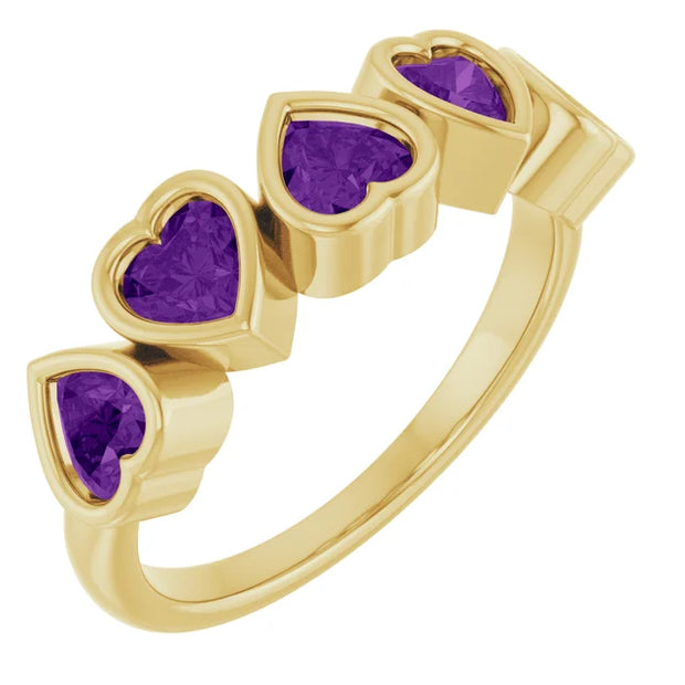 14K Gold Natural Amethyst Bezel Set Ring - 5 Stones