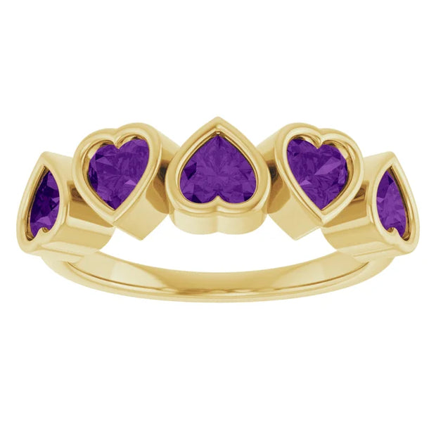 14K Gold Natural Amethyst Bezel Set Ring - 5 Stones