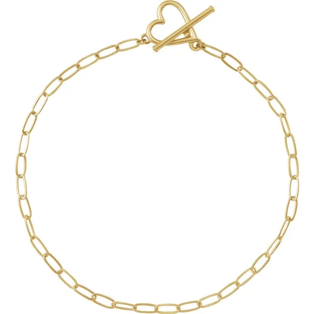 14K Yellow Gold Heart & Paperclip Chain Bracelet - 6"