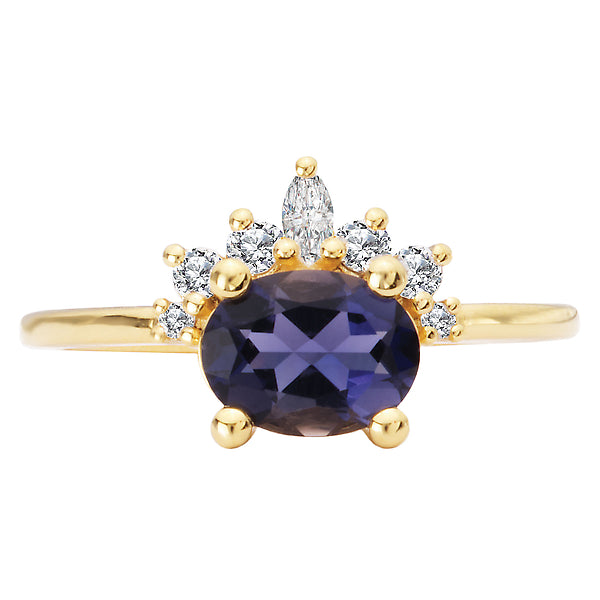 Iolite and Diamond Crown Ring