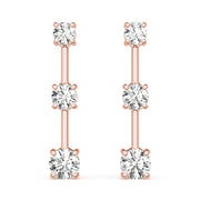 14K Rose Gold Round Diamond Three Stone Earrings
