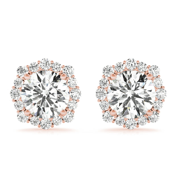 14K Rose Gold Round Diamond Halo Earrings