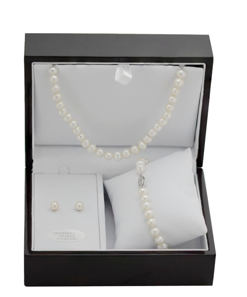 Sterling Silver Freshwater Pearl Wood Box Gift Set