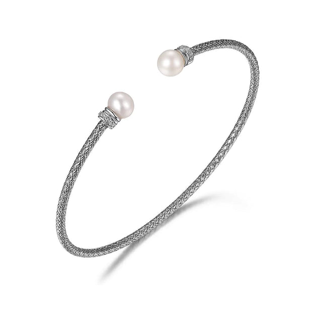 Sterling Silver Pearl and CZ Cuff Bracelet
