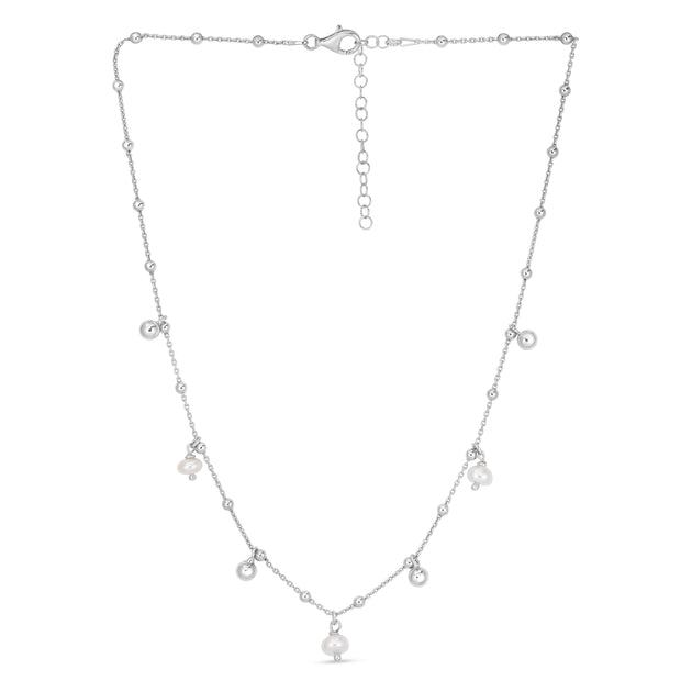 Silver Pearl Station Charm Necklace