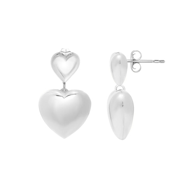 Silver Puffed Double Heart Drop Earrings