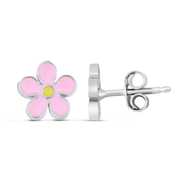 Silver Enamel Pink Flower Studs