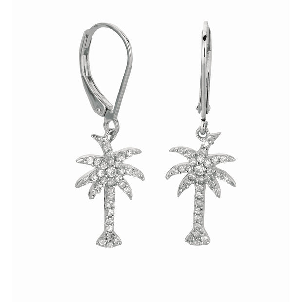 Silver CZ Palm Tree Dangle Earrings