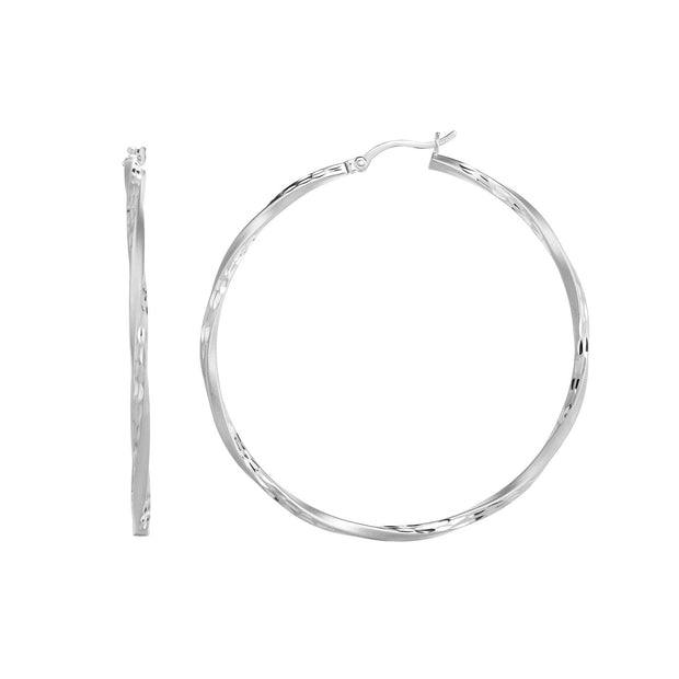 Silver 50mm Diamond Cut and Twist Hoop Earring