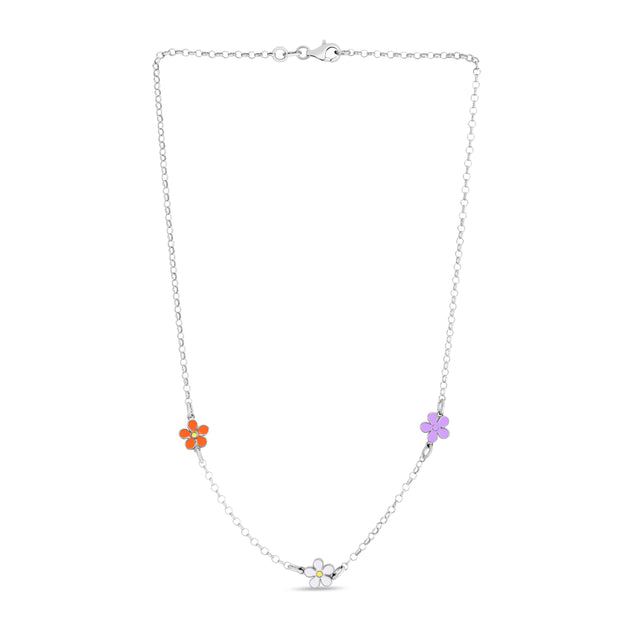 Silver Enamel Flowers Necklace