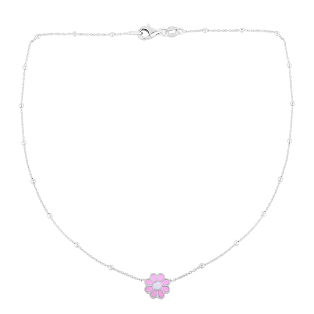 Silver Enamel Pink Flower Necklace