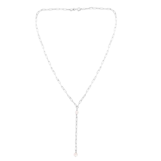 Silver Pearl Paperclip Lariat Necklace