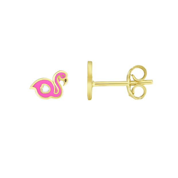 14K Gold Enamel Flamingo Stud Earring