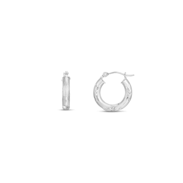 14K White Gold 3mm Diamond Cut & Polished Design Hoop Earring