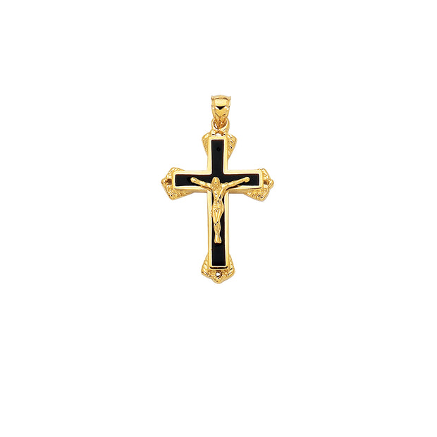 14K Gold Black Enamel Crucifix Cross