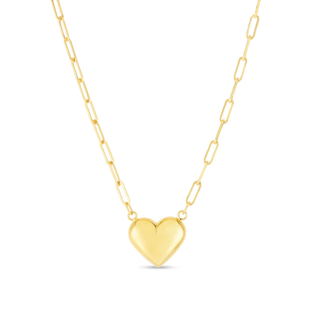 14K Puffed Heart Paperclip Necklace