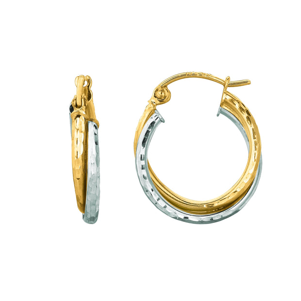 14K Gold Double Row Diamond Cut Hoop Earring