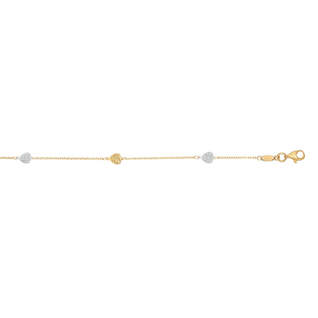 14K Two-tone Gold Diamond Cut Heart Anklet