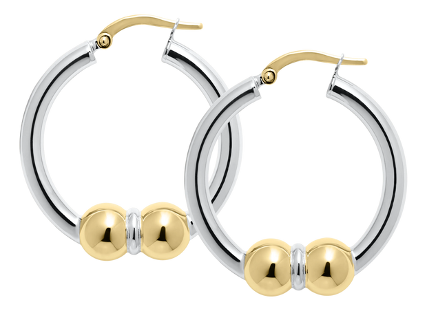 Authentic Cape Cod Double Ball Hoop Earrings Made by LeStage - Sterling Silver with 14K Yellow Gold