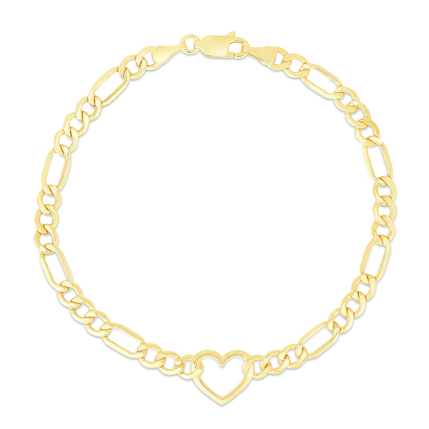 10K Heart Figaro Chain Bracelet